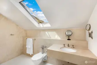Modern private 3/4 primary bathroom with lots of natural light
