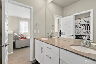 Enjoy the convenience of a dual sink bathroom that’s attached to one of the upstairs bedrooms and also accessible from the bonus room.