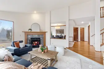 Living room with wood burning fireplace