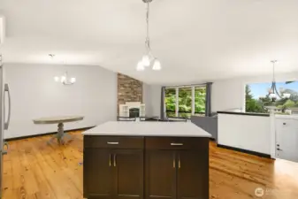View looking out to great room from kitchen.