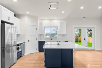 Premium appliance package includes an LG InstaView Smart Range with ProBake Convection and Air Fry, Wi-Fi enabled dishwasher, and a Samsung counter-depth refrigerator with beverage center.