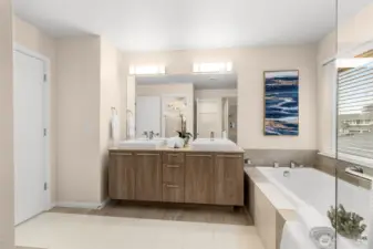 Dual vanity for a seamless morning or nighttime routine.