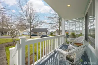The front sitting porch is the ideal spot to watch the sun come up over Mount Baker.