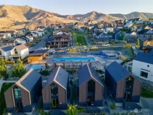 Aerial view of home looking North over the Vineyard District Pool.