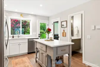 Kitchen with view out to back deck