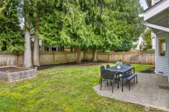 A private, fully fenced backyard offers a level lawn, raised garden beds, and a towering evergreen border that creates a peaceful outdoor setting in Amberley on English Hill.