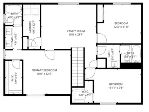 3 more bedrooms + large family room/loft.  Two full baths on this level.