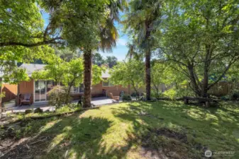 Private fenced backyard