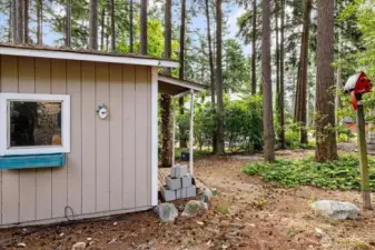 Outbuilding has double doors. Large enough to store lawn and gardening equipment and/or for storage!