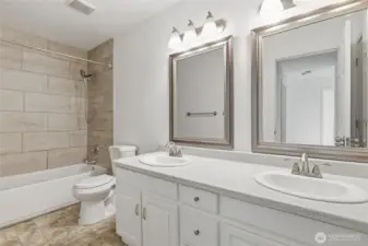 Upstairs jack-and-jill bathroom in main house.