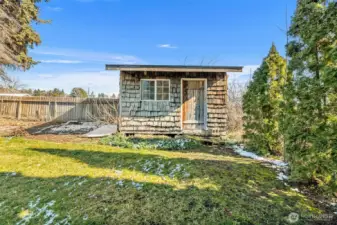 Garden shed, play house.  Backyard fence.