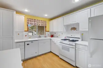 Kitchen with ample cabinetry, pantry and gas range.