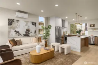 Notice the waterfall countertop in kitchen