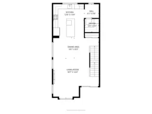 Living, dining, and kitchen all connected with natural light and a fireplace.