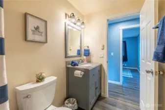 The updated laminate flooring is throughout the home and allows for easy cleaning.