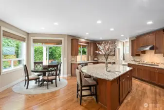 Gourmet kitchen and casual dining area with easy access to the covered patio and serene back yard.