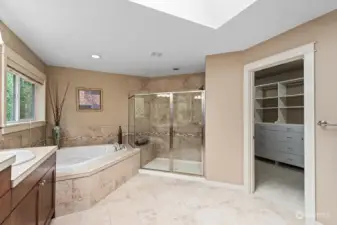 Luxurious primary bathroom opens to large walk-in closet.