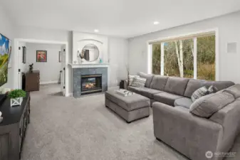 Casual Living Room with gas fireplace and Home Office Beyond