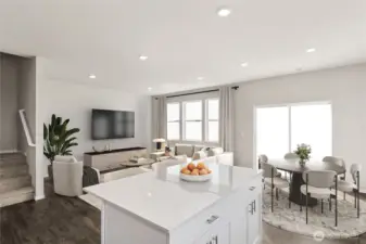 Solid level island is a great space for baking or meal prep. Pictures are for representation only colors and options may vary.