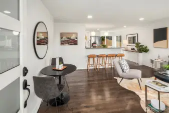 Gorgeous hardwood floors and huge eat-in bar, gorgeous light fixtures from Luxe Lighting, this home is dreamy.