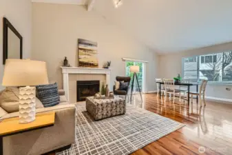 Living room with wood burning fireplace