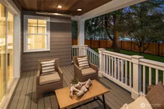 Covered & heated trex deck with stairs to sideyard. Deck has gas stub for BarBQ and built in speakers.