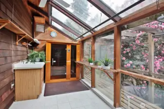 After a day of tinkering in the shops or gardening enjoy the sauna tucked away in the plant room. The plant room also has a sink and ventilation for warm summer days. It's been the ideal space for plant starts.