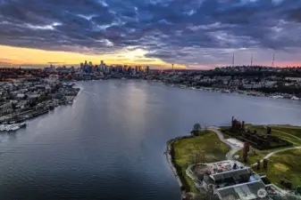 View towards the Seattle City skyline and gas Works Park.