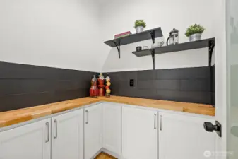 The walk-in pantry is sleek and offers additional workspace and storage.