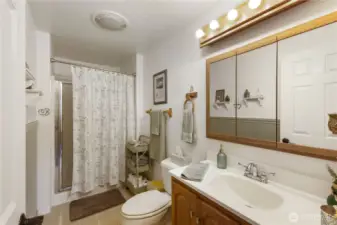 An oversized shower is appreciated in this nice back hall bathroom.