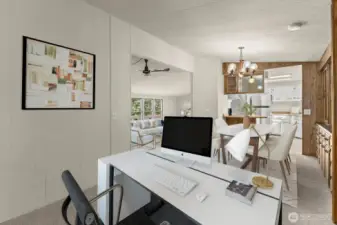 Looking back from the flex space into the dining, kitchen & living room. Virtually staged.