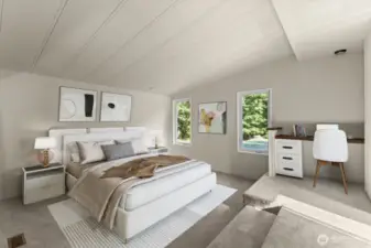 Primary w/ small desk & vaulted ceilings.