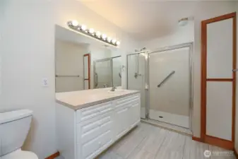 Large Primary Bathroom with Roll-in Shower