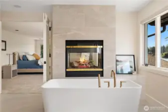 The enchanting master suite, completely remodeled with see-through fireplace. It’s a 5 pc bath featuring this stand alone soaker tub, of course with those Pointe at Lake Sawyer views!