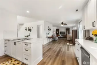 Completely remodeled, luxury kitchen with open concept, new cabinets, counters, appliances