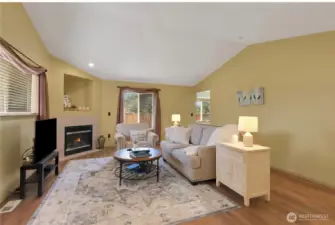 Great Room with vaulted ceiling, gas fireplace.