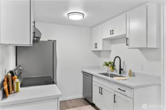 Kitchen updated in 2024. Soft close white shake cabinets, quartz countertops and stainless appliances. Modern luxury plank vinyl flooring.