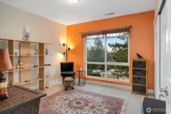 2nd bedroom with a large picture window and treetops views.