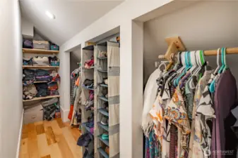Walk in closets are just one example of the creative storage throughout the upper level