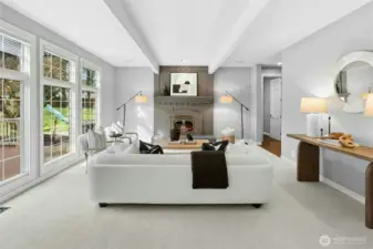 Another cozy gas fireplace with lush backyard views.