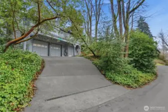 Two-car driveway with garage access nestled in lush, low-maintenance landscaping.
