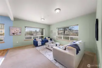 Plenty of space for more furniture!  You could easily fit a workspace or desk area, bookcases, and entertainment area.