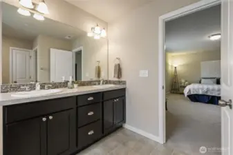 Double vanity is a must-have in this beautiful home... the large mirror amplifies the natural light that comes in!