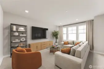 Large bonus room perfect for game, media, or playroom. Features French double doors and large windows for natural light. Photo contains virtual staging.