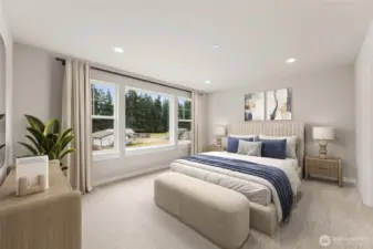 Large primary bedroom can hold a King size mattress and more. Features very large windows for natural light. Photo contains virtual staging.