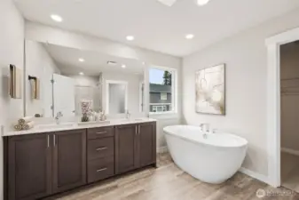 Large entry foyer with full glass front door and open railing. Virtual staging in photo.