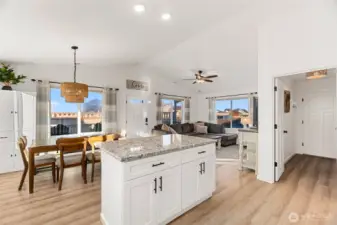 Kitchen looking into Dining & Living Areas