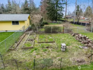 Fenced vegetable garden area with raised beds