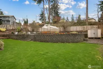 Fully fenced yard with Berries, fruit trees (Apples and Pears), greenhouse.