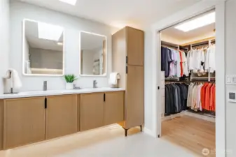 Floating vanity, 8' tall linen cabinet, undermount lighting